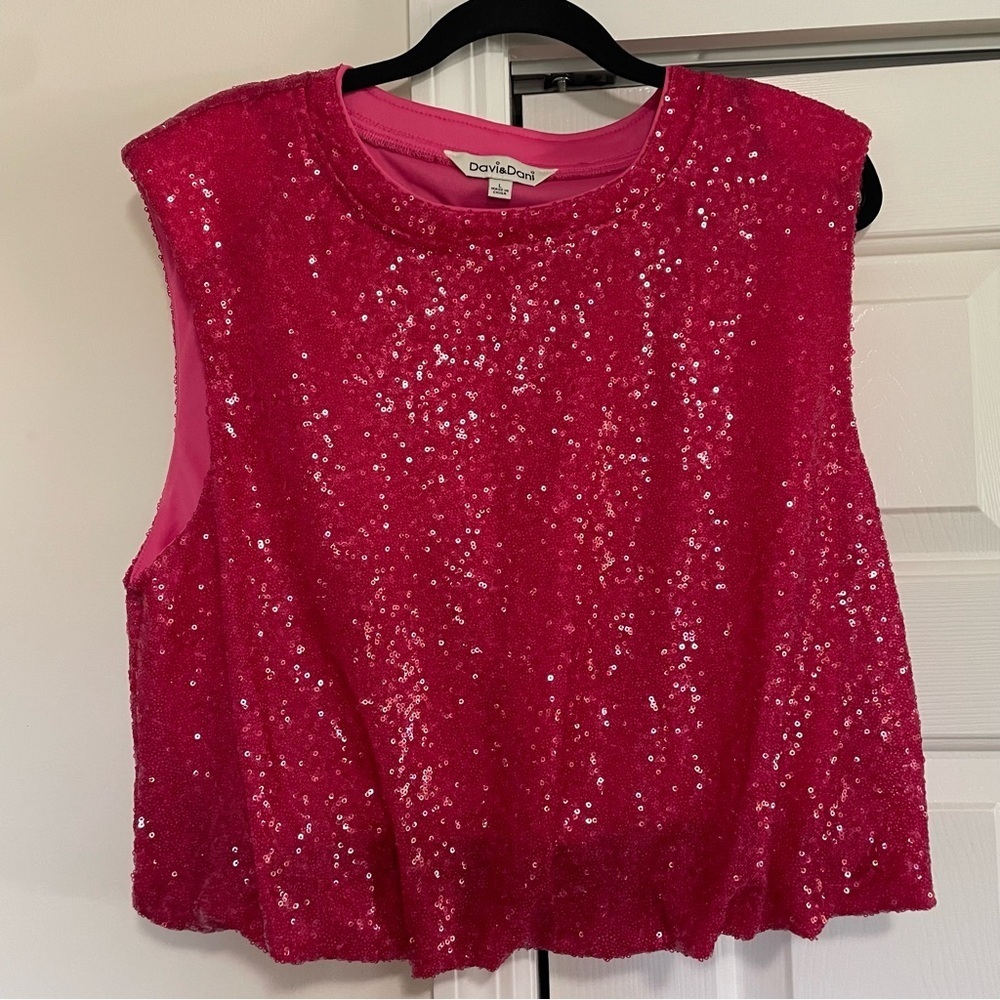 Davi & Dani Sequin RedPink Capped Slv Shirt Pullover Holiday Party Size Large